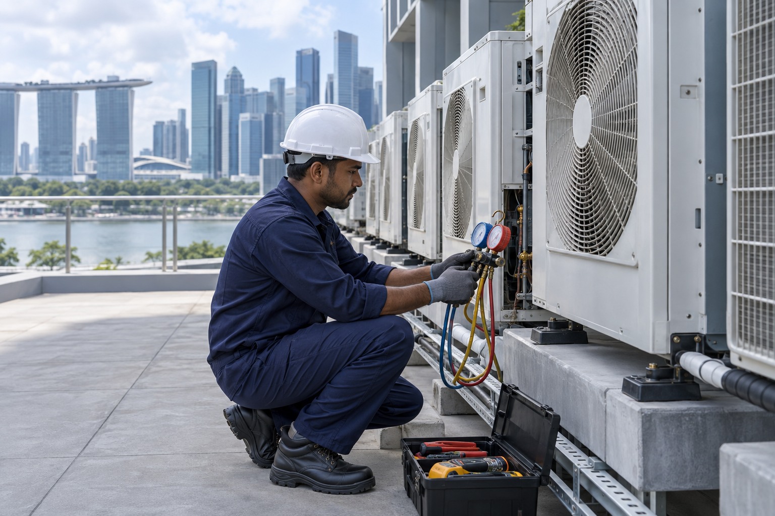 Indian technician completing commercial ACMV maintenance in Ubi