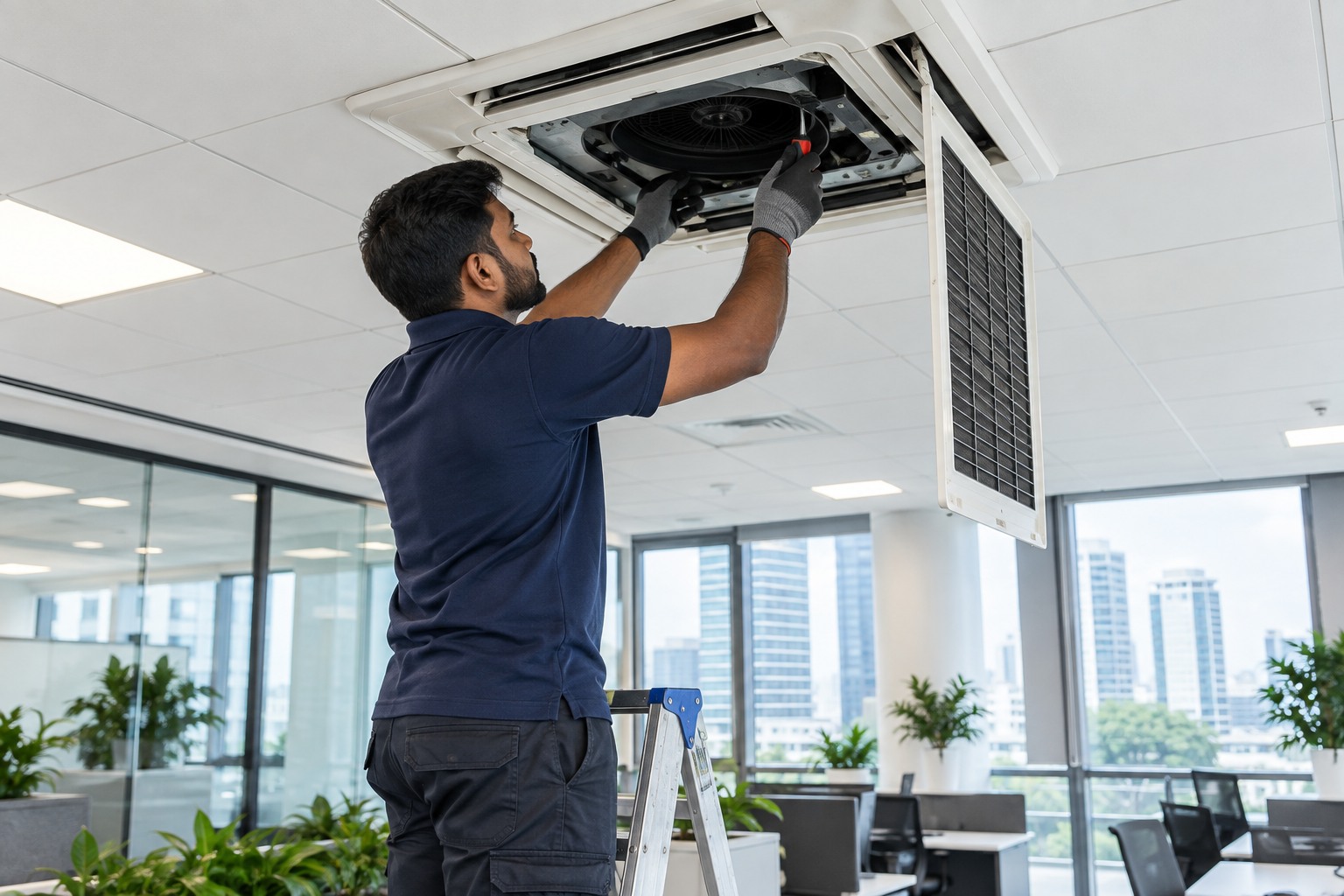 Indian ACMV technician servicing a ceiling cassette unit